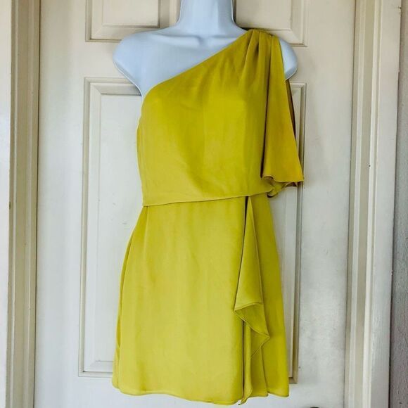 BCBGMAXAZRIA Mina Dark Lime One Shoulder Mini Dress - Picture 3 of 15